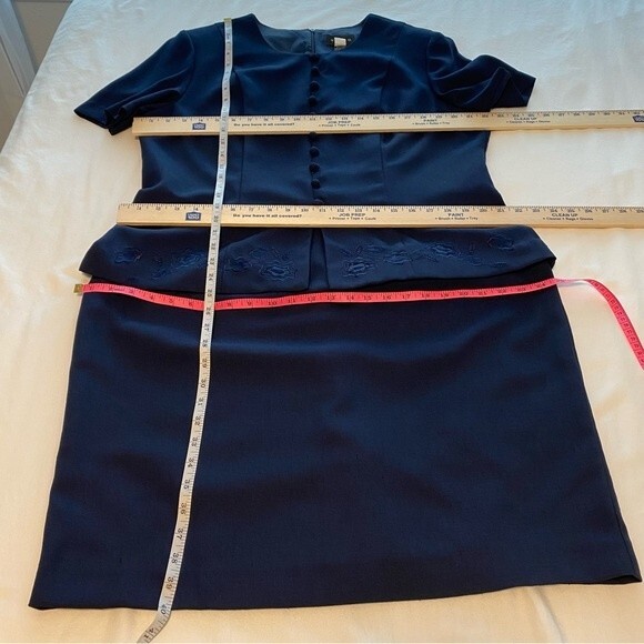 Vintage Navy Embroidery Midi Sheath Dress Deco Buttons Linen Look by VIRGO SZ 16 - Picture 13 of 13